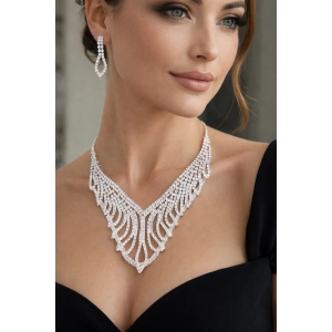 Gümüş Renk Taş Detaylı Abiye Set