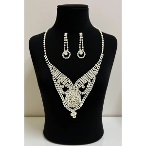 Gümüş Renk Taş Detaylı Abiye Set