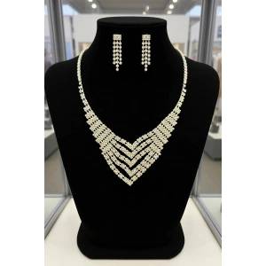 Gümüş Renk Taş Detaylı Abiye Set