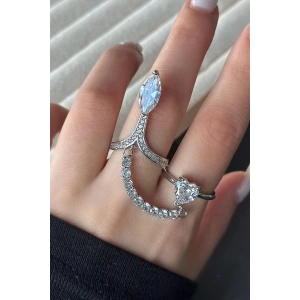 Gümüş Renk Taş Detaylı Ayarlanabilir İkili Çelik Yüzük