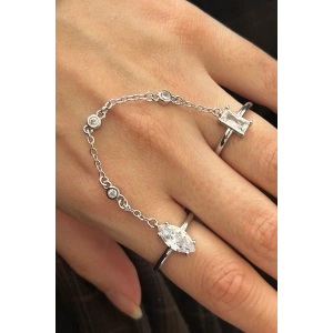 Gümüş Renk Taş Detaylı Ayarlanabilir İkili Yüzük