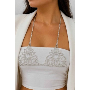 Gümüş Renk Taş Detaylı Bikini Üstü /Bralet /Vücut Aksesuarı