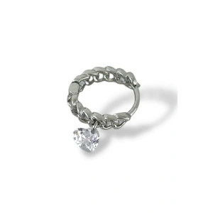 Gümüş Renk Taş Detaylı Çelik Halka Tragus/Kıkırdak Küpe/Piercing (Tek)