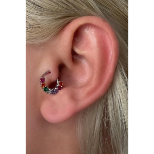 Gümüş Renk Taş Detaylı Çelik Halka Tragus/Kıkırdak Küpe/Piercing (Tek)