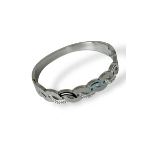 Gümüş Renk Taş Detaylı Çelik Kelepçe Bileklik