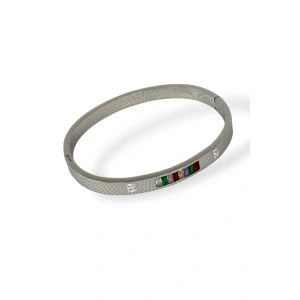 Gümüş Renk Taş Detaylı Çelik Kelepçe Bileklik