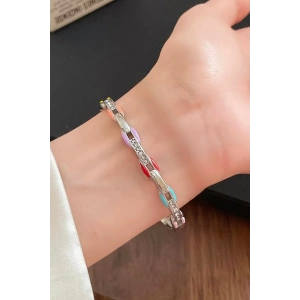 Gümüş Renk Taş Detaylı Çelik Kelepçe Bileklik