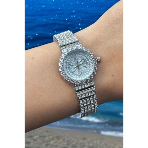 Gümüş Renk Taş Detaylı Çelik Kordonlu Kadın Saat