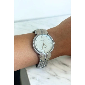Gümüş Renk Taş Detaylı Çelik Kordonlu Kadın Saat