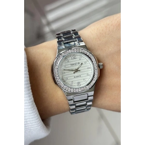 Gümüş Renk Taş Detaylı Çelik Kordonlu Kadın Saat