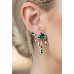 Gümüş Renk Taş Detaylı Çelik Küpe (Çift)