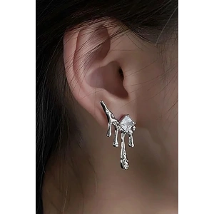 Gümüş Renk Taş Detaylı Çelik Küpe (Çift)