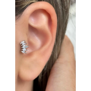 Gümüş Renk Taş Detaylı Çelik Tragus/Kıkırdak Küpe/Piercing (Tek)