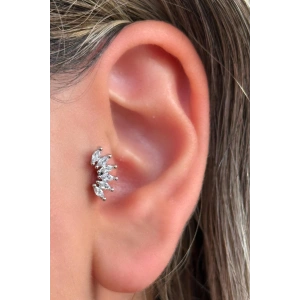 Gümüş Renk Taş Detaylı Çelik Tragus/Kıkırdak Küpe/Piercing (Tek)