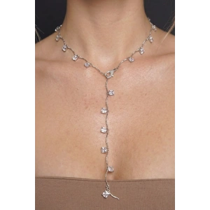 Gümüş Renk Taş Detaylı Çelik Y Kolye