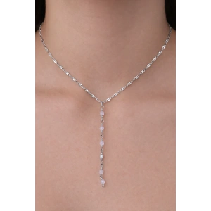 Gümüş Renk Taş Detaylı Çelik Y Kolye