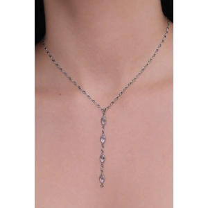 Gümüş Renk Taş Detaylı Çelik Y Kolye