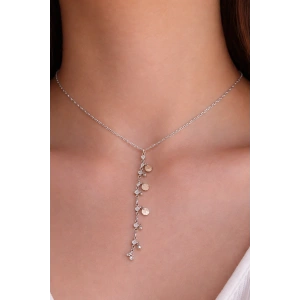 Gümüş Renk Taş Detaylı Çelik Y Kolye