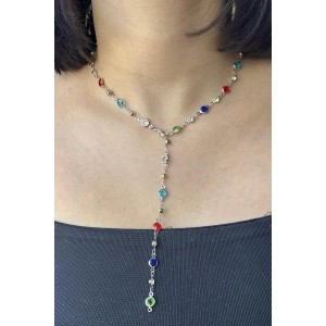 Gümüş Renk Taş Detaylı Çelik Y Kolye