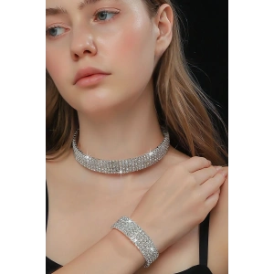 Gümüş Renk Taş Detaylı Choker Kolye Ve Bileklik Set