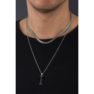 Gümüş Renk Taş Detaylı Erkek İkili Zincir Çelik Kolye