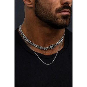 Gümüş Renk Taş Detaylı Erkek İkili Zincir Çelik Kolye
