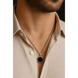 Gümüş Renk Taş Detaylı Erkek Zincir Çelik Kolye (60cm)