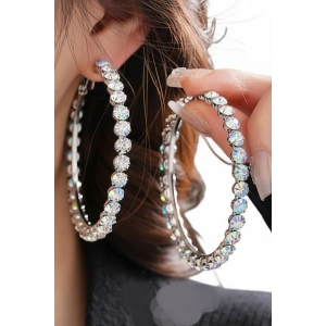 Gümüş Renk Taş Detaylı Halka Küpe 80Mm (Çift)