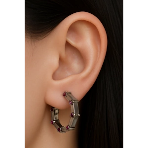 Gümüş Renk Taş Detaylı Halka YSX Küpe (Çift)