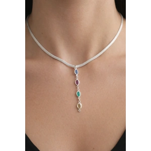 Gümüş Renk Taş Detaylı İtalyan Zincir Detaylı Çelik Kolye