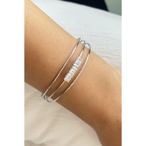 Gümüş Renk Taş Detaylı Kelepçe Bileklik