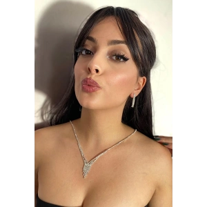 Gümüş Renk Taş Detaylı Kolye Ve Küpe Düğün Kına Nişan Gelin Set