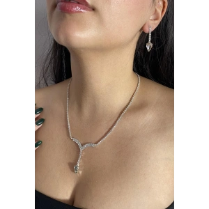 Gümüş Renk Taş Detaylı Kolye Ve Küpe Düğün Kına Nişan Gelin Set