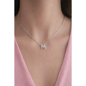 Gümüş Renk Taş Detaylı M Harfli Mini Çelik Kolye