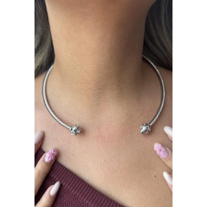 Gümüş Renk Taş Detaylı Metal Choker Kolye