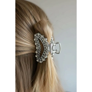 Gümüş Renk Taş Detaylı Mini Metal Mandal Toka