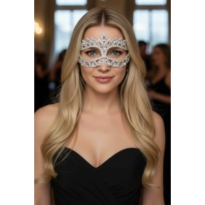 Gümüş Renk Taş Detaylı Parti Maskesi