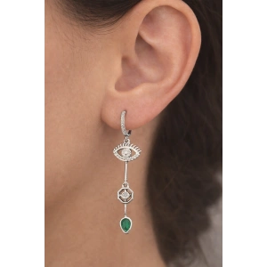 Gümüş Renk Taş Detaylı Sallantılı 14K Altın Kaplama Küpe (Çift)