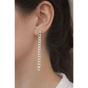 Gümüş Renk Taş Detaylı Sallantılı 14K Altın Kaplama Tx Küpe (Çift)