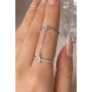 Gümüş Renk Taş Detaylı Sallantılı İkili Ayarlanabilir Yüzük