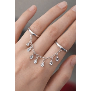 Gümüş Renk Taş Detaylı Sallantılı İkili Ayarlanabilir Yüzük