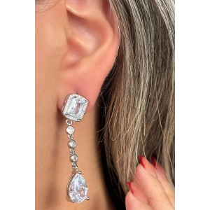 Gümüş Renk Taş Detaylı Sallantılı Küpe (Çift)