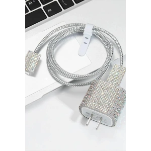 Gümüş Renk Taş Detaylı Şarj Kablosu/ Adaptör Koruyucu Kılıf