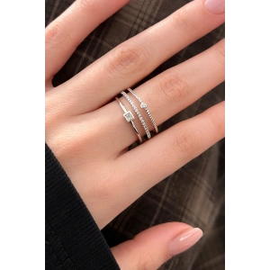 Gümüş Renk Taş Detaylı Üçlü Görünümlü Ayarlanabilir Yüzük