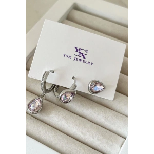 Gümüş Renk Taş Detaylı VİP 3lü YSX Küpe Set