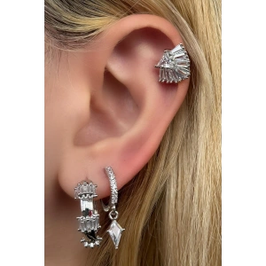 Gümüş Renk Taş Detaylı VİP 3lü YSX Küpe Set