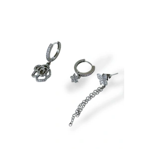 Gümüş Renk Taş Detaylı VİP 3lü YSX Küpe Set