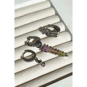 Gümüş Renk Taş Detaylı VİP 3lü YSX Küpe Set