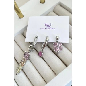 Gümüş Renk Taş Detaylı VİP 3lü YSX Küpe Set