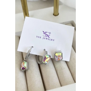 Gümüş Renk Taş Detaylı VİP 3lü YSX Küpe Set